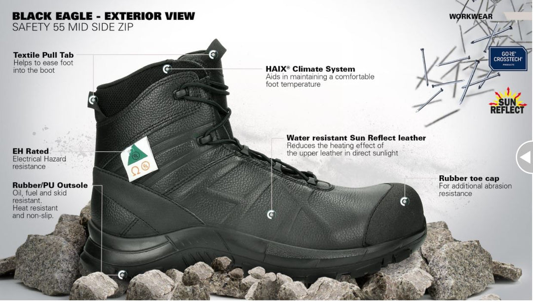 Specs for Haix Black Eagle Safety 55 Mid Side Zip Shoes