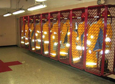 Red Rack Wall Mounted Gear Storage- 20" Compartments - UNS Mercy Fire Dept.