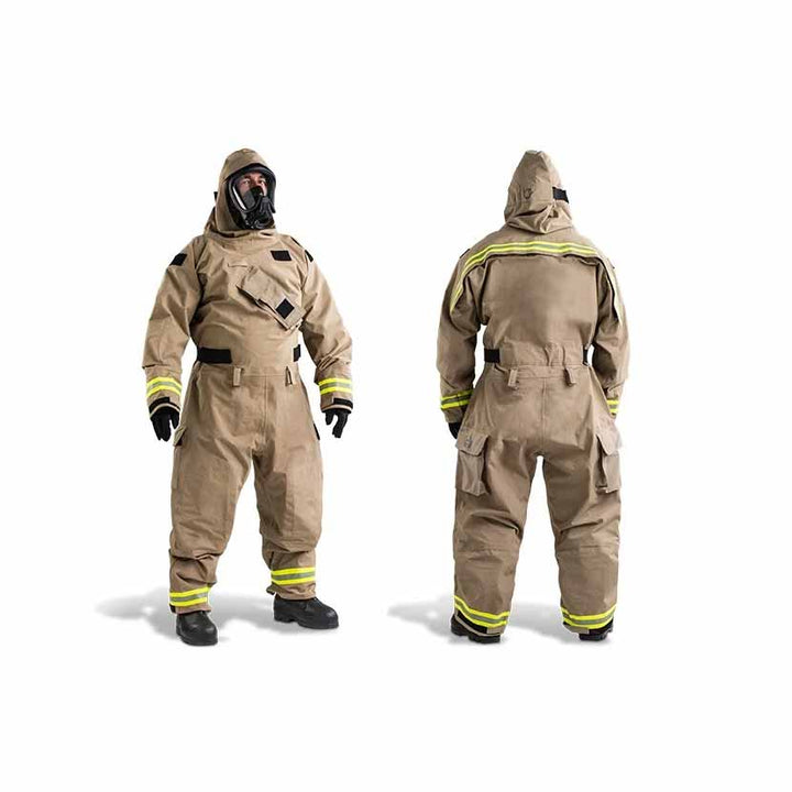 Firefighter in hazmat suit front and back on a white background