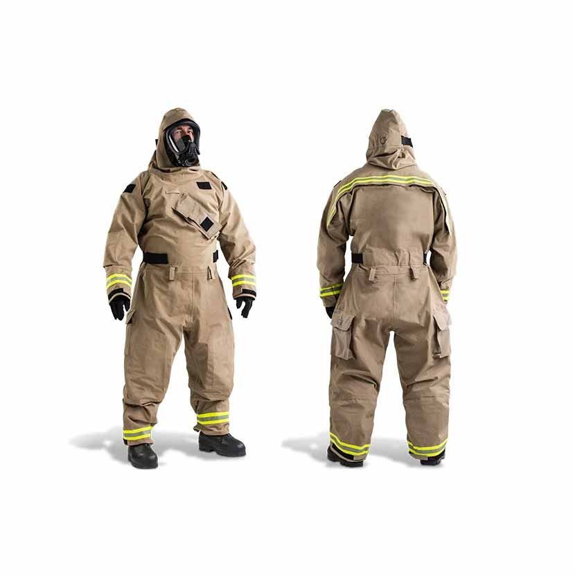 Firefighter in hazmat suit front and back on a white background