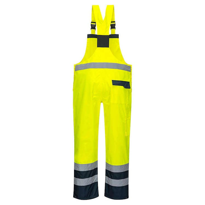 A yellow and navy blue bib and brace with reflective tape, multiple pockets, and adjustable straps, designed for high visibility and protection against wind and rain.