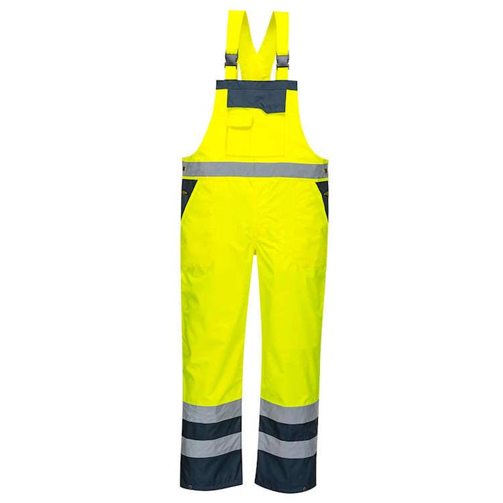 A yellow and navy blue bib and brace with reflective tape, multiple pockets, and adjustable straps, designed for high visibility and protection against wind and rain.