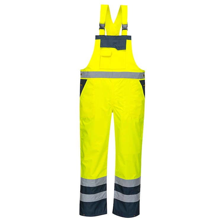 A yellow and navy blue bib and brace with reflective tape, multiple pockets, and adjustable straps, designed for high visibility and protection against wind and rain.